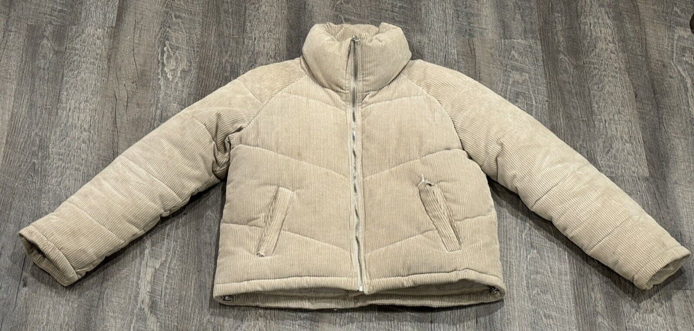 Sebby Corduroy Stone Cream/Tan Puffer Coat jacket Sz Small SEE PICS FOR DEFECTS